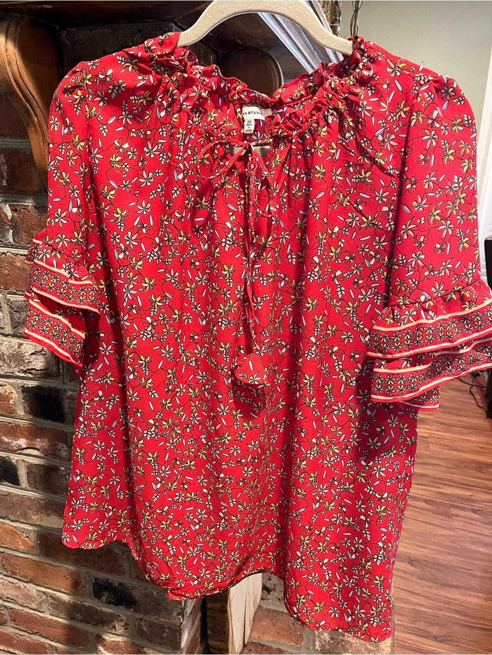 Max Studio Red Floral Tie-Neck Peasant Blouse
